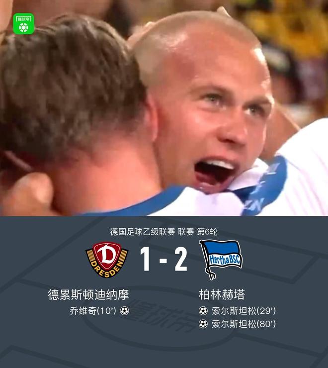柏林赫塔2-1逆转德累斯顿迪纳摩，索尔斯坦松包办2球